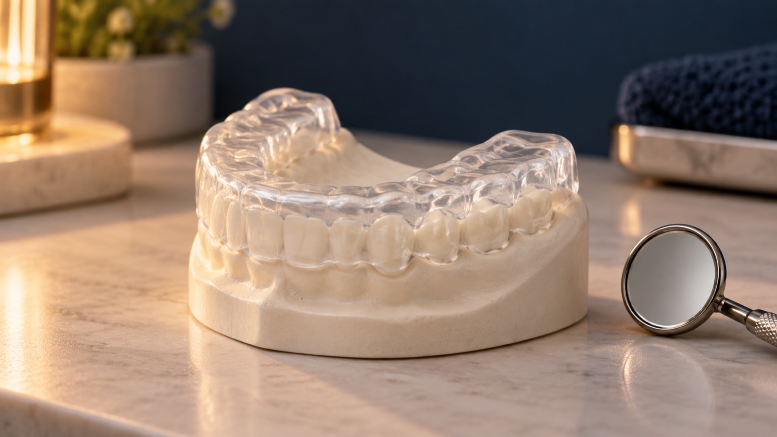 Custom acrylic nightguard fitted over a dental model
